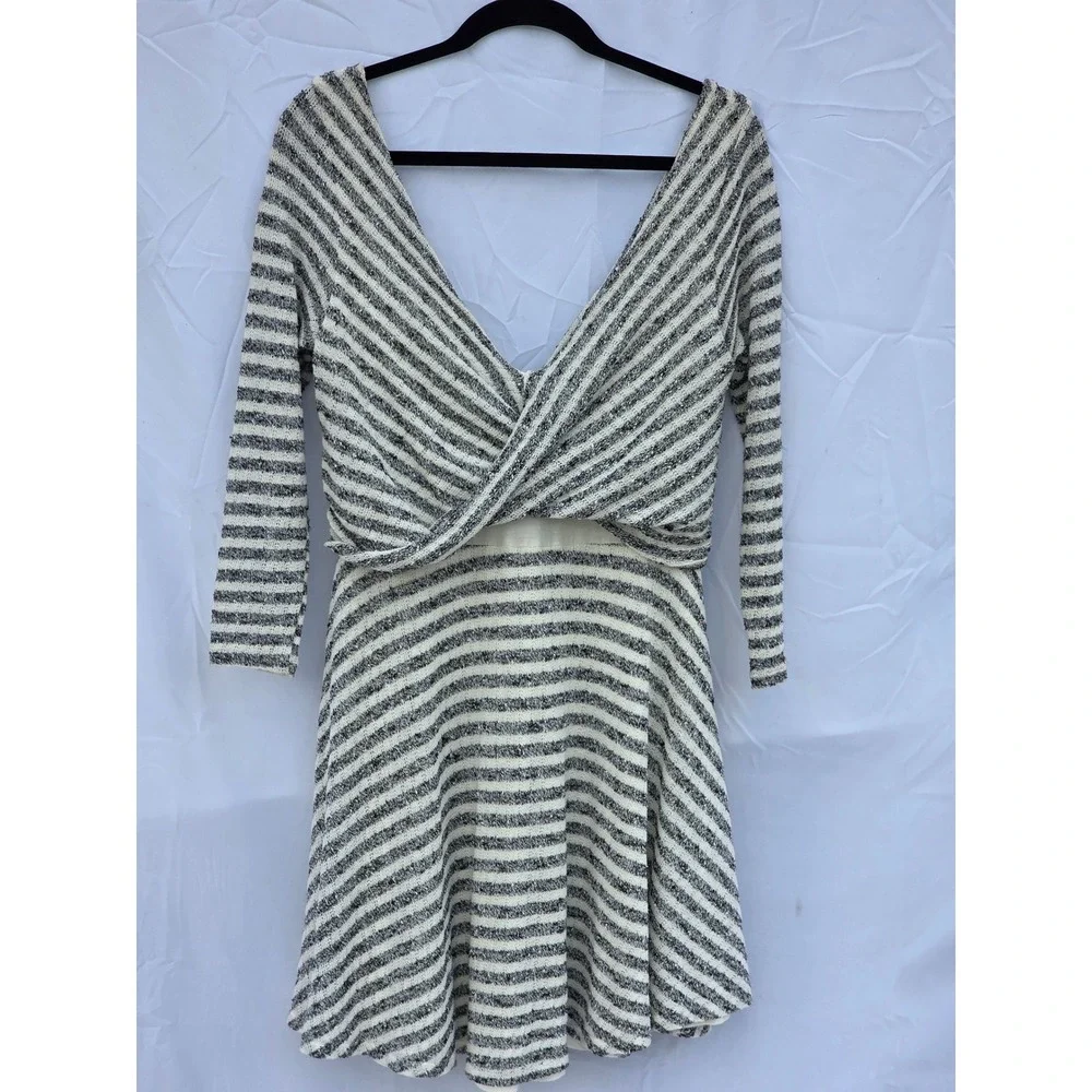 Free People Cream Comb Striped Twist Front Fit Flare Dress F734Z319 Medium